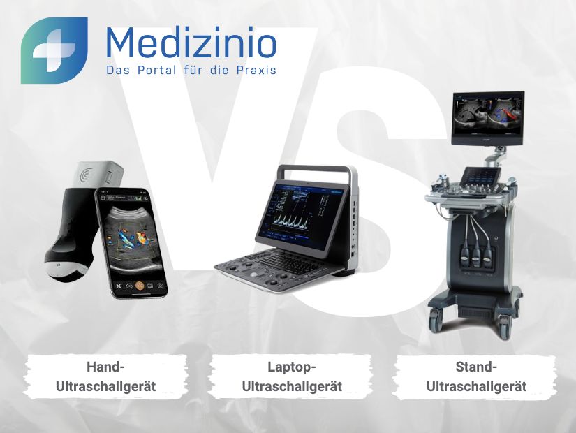 Verschiedene Ultraschallgeräte: Standgerät, mobiles Ultraschallgerät und Handheld-Ultraschallgerät